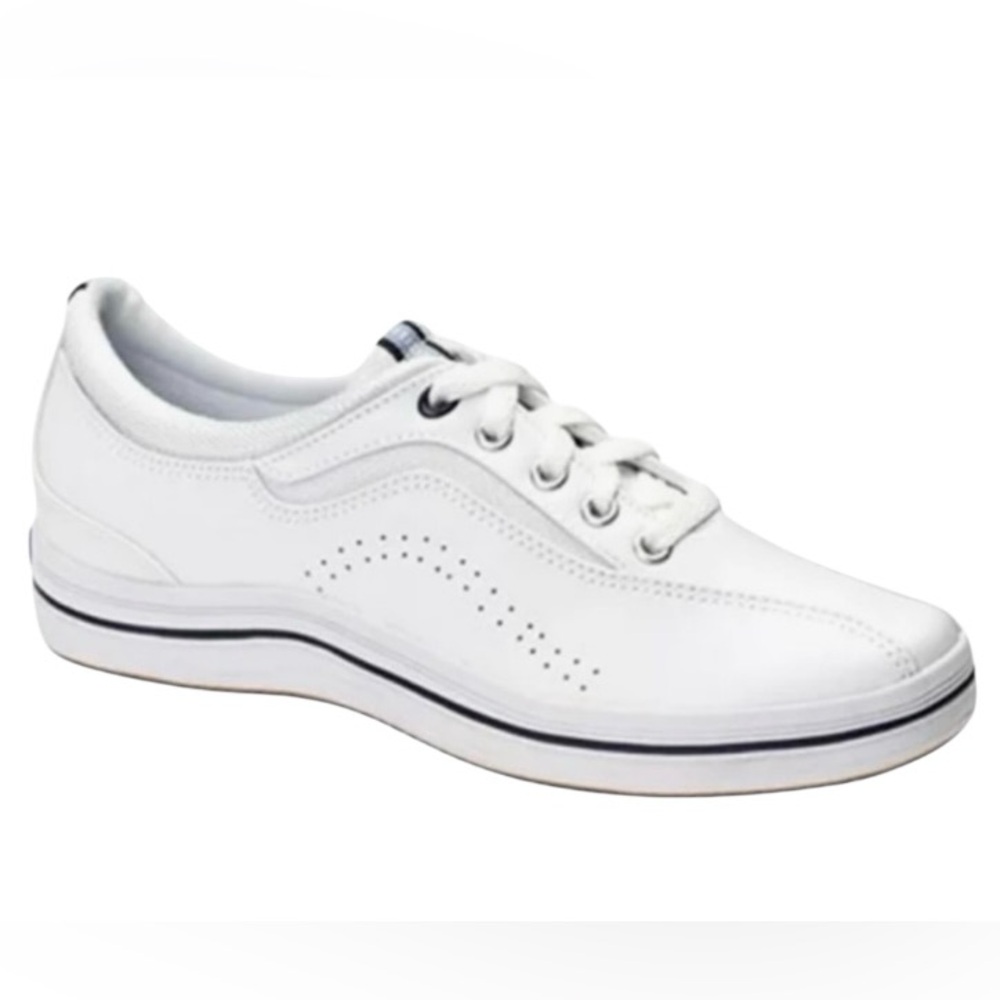 NWOT Keds Spirit women’s 8 leather white tennis shoes with blue stripes